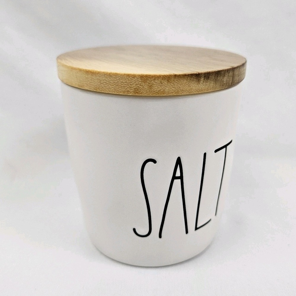 Rae Dunn Ceramic Salt Cellar Canister with Wooden Lid Farmhouse Decor White - Picture 2 of 12